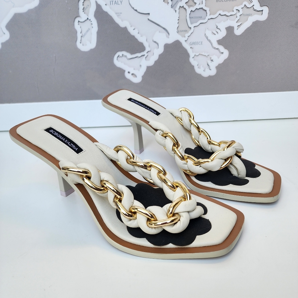 BCBGMAXAZRIA Mistia Braided Chain Kitten Heel Leather Sandal NEW Size 6.5 - Picture 2 of 13